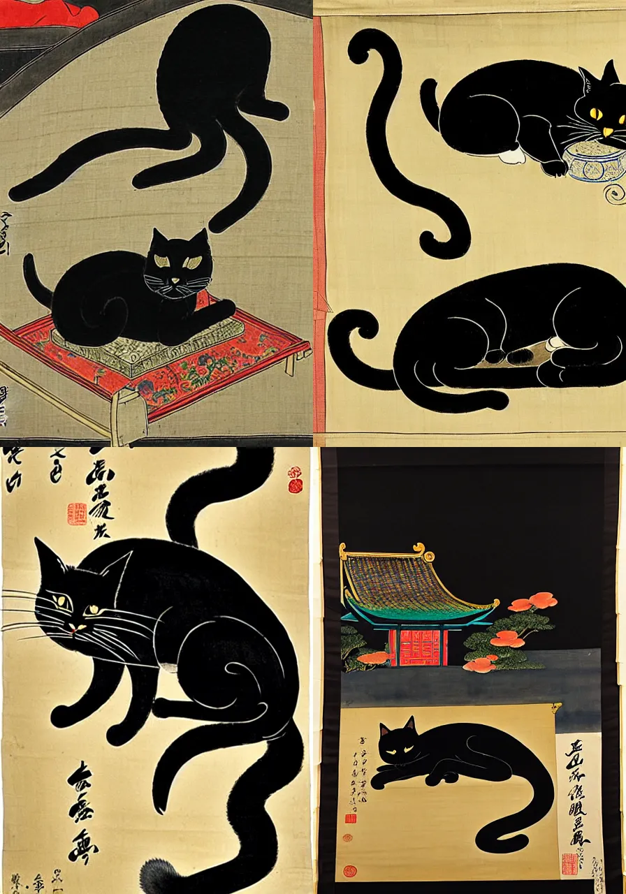 Prompt: black cat sleeping on shrine, by Shen Quan (1682—1760), trending on pixiv, HD, hanging scroll, ink and colour on silk, low saturation