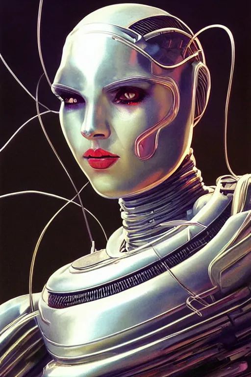 Image similar to retro-futuristic portrait of a beautiful damaged female android in old chrome armour with cables and wires and white liquid, ornate background, rim light, ornate pattern, glowing eyes, evil expression, high details, intricate details, renaissance painting by vincent di fate, artgerm julie bell beeple, 80s, Smooth gradients, High contrast, depth of field, very coherent symmetrical artwork