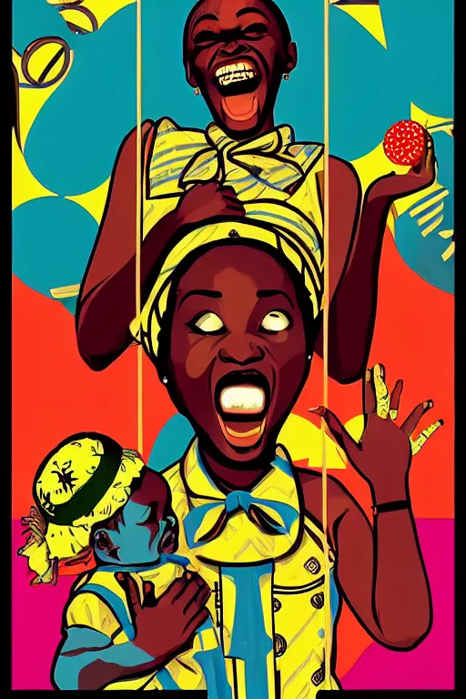 Prompt: mama africa laugh at her child!!! pop art, pixel, bioshock, gta chinatown, artgerm, richard hamilton, mimmo rottela, julian opie, aya takano, avoid object duplicate!!! avoid object stick to each other!!!