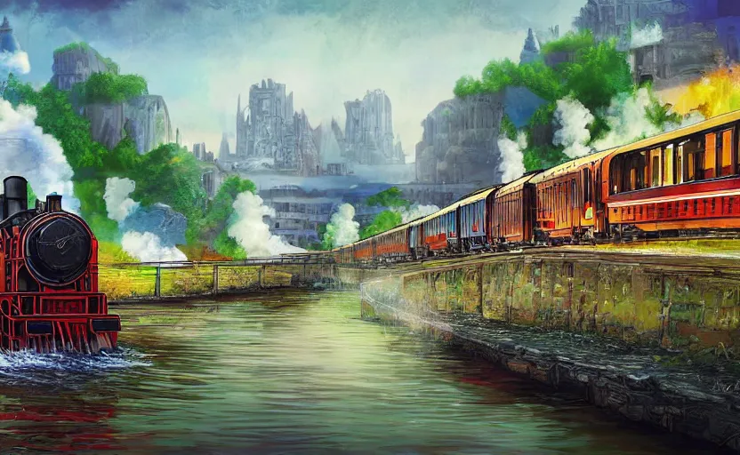 Prompt: A steam locomotive rides along of a waterway on a fantasy city. Fantasy and concept art, colorful digital painting.