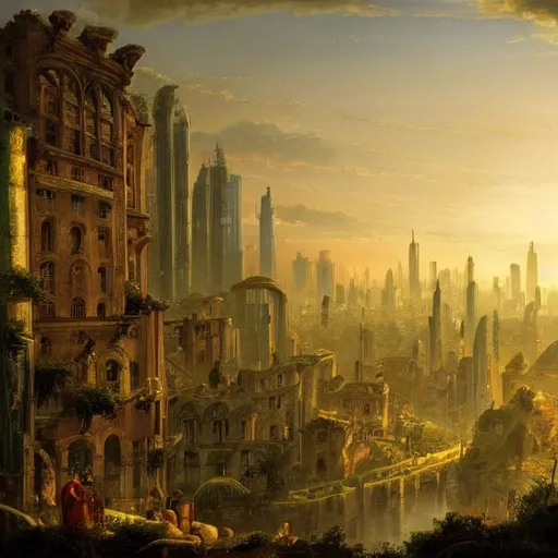 Prompt: vista of a city at sunset, the city is a sprawling renaissance city that is built amidst brutalist cyclopean architecture and overgrown by the rainforest, rpg, hubert robert, cityscape, vista, dying earth, gene wolfe