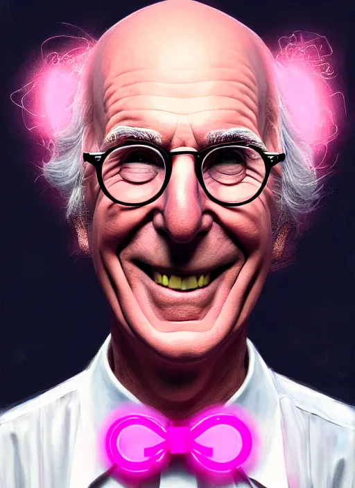 Image similar to portrait of larry david, realistic, skinny, smile, ugly, defined jawline, big chin, pink hair bow, intricate, elegant, glowing lights, highly detailed, digital painting, artstation, sharp focus, illustration, art by wlop, mars ravelo and greg rutkowski