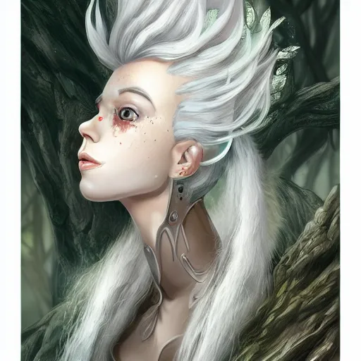 Image similar to a highly detailed portrait of a cute fantasy creature with white hair in a fantasy forest concept art