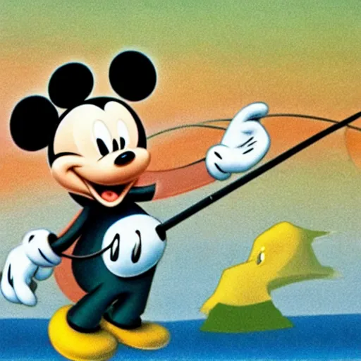 Image similar to mickey mouse is fishing a giant fish