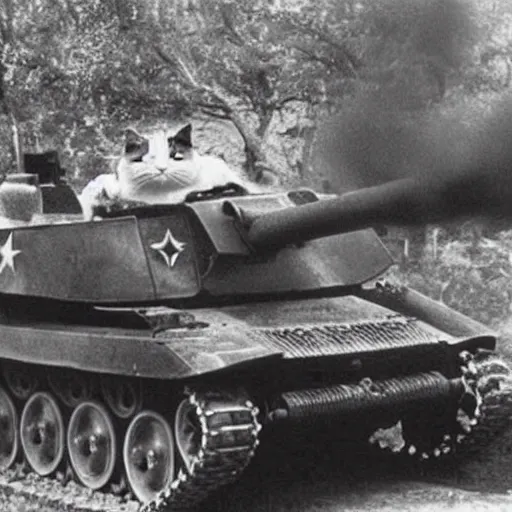 Image similar to old photograph of fat cat driving a world war 2 tank