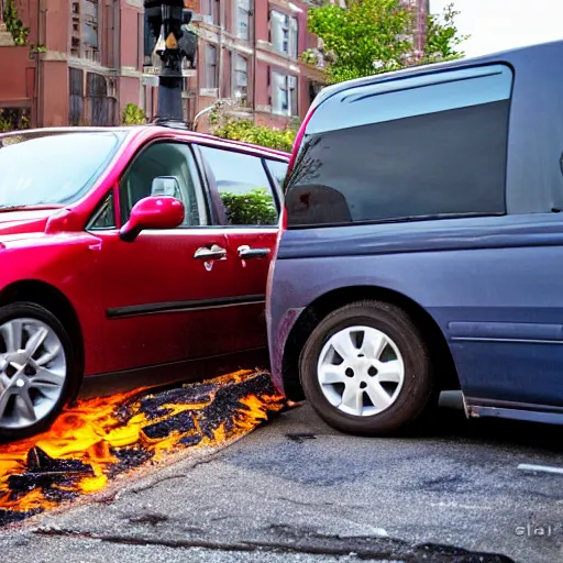 Prompt: minivan backing into a fire hydrant. photograph. high quality.