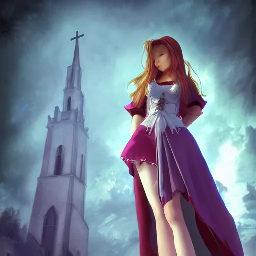 Image similar to aeris from final fantasy in a beautiful dress standing in front of a church, concept art, beautiful lighting, 8 k, digital art, trending on artstation, by yoshitaka amano