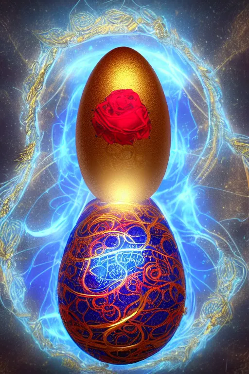 Prompt: a detailed glowing egg with swirls of red and blue emerging from the blossom of a metallic gold flower with tendrils of gold wrapping around the egg, an egg sitting on a rose made out of silver and gold, fantasy concept art, unreal engine 5, volumetric lighting, trending on artstation