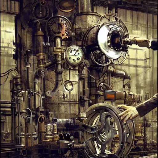 Image similar to A random pointless contraption ((steampunk)) industrial appliance pneumatic machine with no apparent purpose, being operated by a scholarly looking man with a clear directed gaze, artwork by Craig Mullins