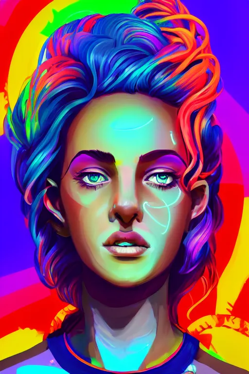 Image similar to a award winning portrait of a beautiful woman with stunning eyes in a one off shoulder croptop and cargo pants with rainbow colored hair, outlined by whirling illuminated neon lines and fine lines swirling in circles by rhads, digital art, trending on artstation