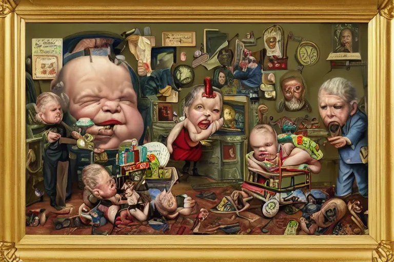 Image similar to a strange battle in an old hospital between old people and babies Robert Williams Mark Ryden and Alex Gross, Todd Schorr highly detailed