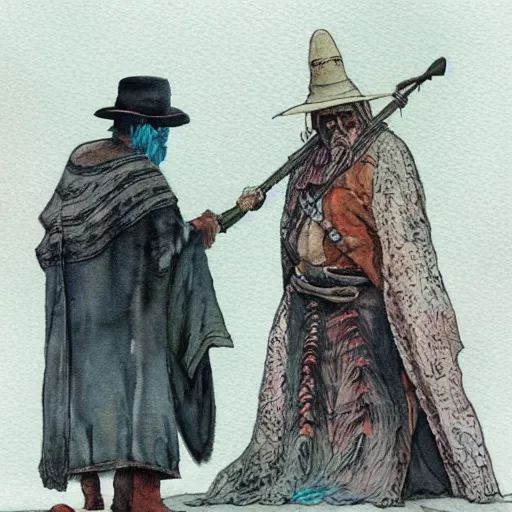 Image similar to a 3 / 4 view watercolor ink painting of old shaman and american man near, old mexican magician closes eyes, gray haired, in the style of jean giraud in the style of moebius trending on artstation deviantart pinterest detailed realistic hd 8 k high resolution