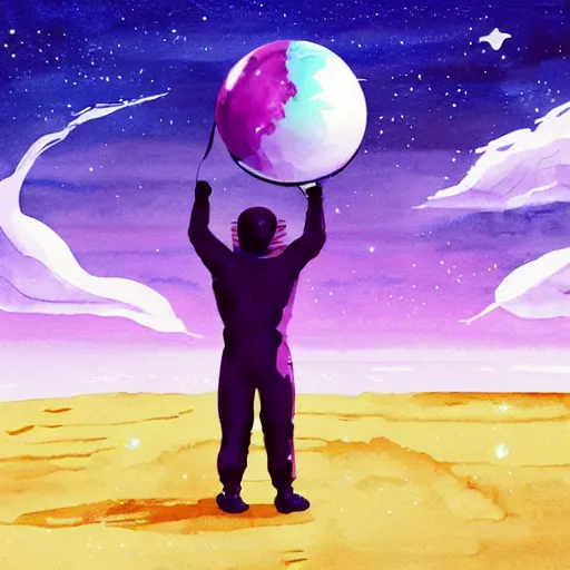Prompt: An astronaut holding a beachball, stranded on an alien island. the ocean is purple, and there are 2 planets in the sky. watercolour painting, oil painting, matte painting, cinematic, concept art, HD, colourful, synthwave, studio ghibli, purple, astral, nightmare, beautiful, otherworldly