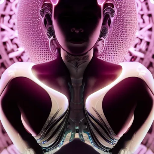 Image similar to symmetrical feminine cyborg goddess rendered in Cinema 4D and Octane and Unreal Engine 5, elegant cybernetic body and ornate futuristic robes, glowing white neon eyes, platinum and obsidian flowing long hair, art by Artgerm, Beeple and Alphonse Mucha, hyperrealism, full body photogenic shot, digital render, cinematic lighting ornate earrings, 8k resolution, masterpiece work