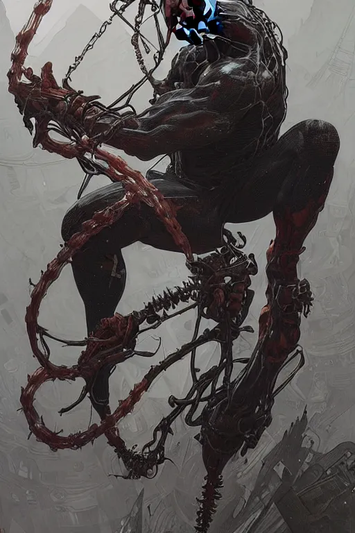 Image similar to A full portrait of a post apocalyptic, venom Spiderman , intricate, elegant, highly detailed, digital painting, artstation, smooth, sharp focus, illustration, art by Krenz Cushart and Artem Demura and alphonse mucha