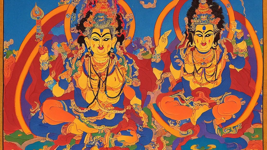 Image similar to philosopher nietzsche as mahakali fierce buddhist deity, in the style of tibetan thanka painting