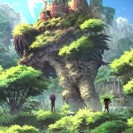 Image similar to a giant troll in city ruins overtaken by vegetation in anime style highly detailed by makoto Shinkai and Raphael Lacoste