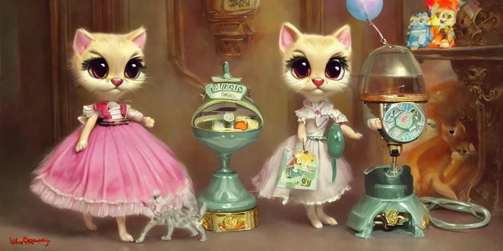 Image similar to 3 d littlest pet shop cat, vintage gothic gown, gumball machine, master painter and art style of noel coypel, art of emile eisman - semenowsky, art of edouard bisson