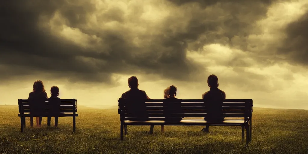 Image similar to a family with sorrow faces sitting on a bench, dramatic sky, close up shot, Greg Rutkowski, dramatic lighting