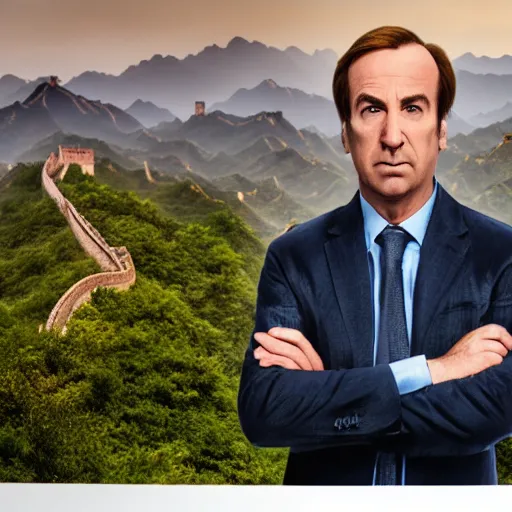 Image similar to saul goodman next to the great wall of china, hyper realistic, smooth lighting, mid shot