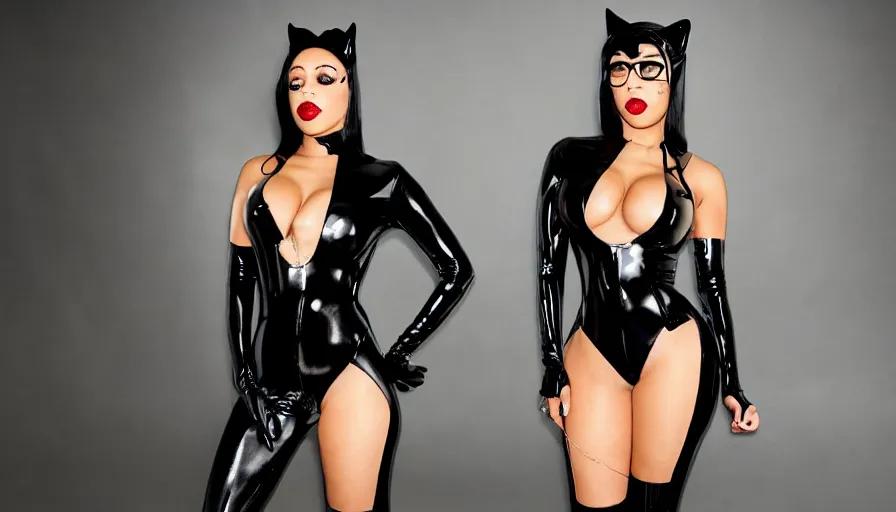 Image similar to Doja Cat as Cat Woman wearing latex suit and doing wide split