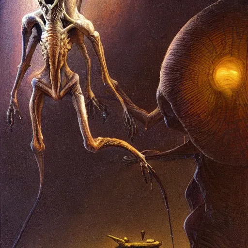 Prompt: aliens from the second edition of barlowe's guide to extraterrestrials, highly detailed, photorealistic, artstation, highly detailed, oil painting, dramatic lighting, award - winning, accurate anatomy