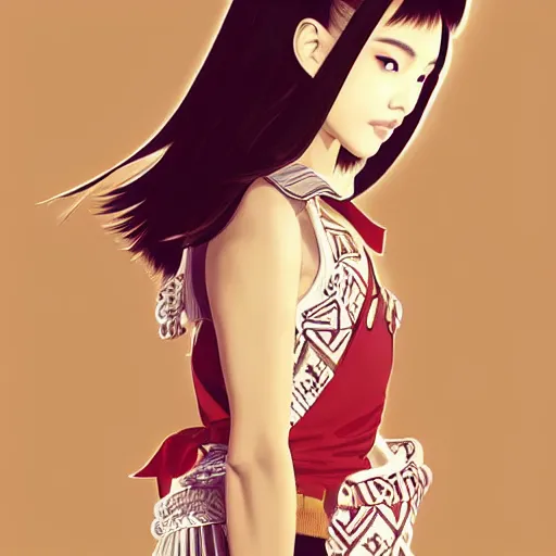 Image similar to a beautiful young japanese natalie portman alluring gravure model, wearing elaborate elegant designer overalls, elegant overalls with mesoamerican patterns, mesoamerican native street fashion, by akira toriyama and wlop and ilya kuvshinov and artgerm and, aesthetic, gorgeous, stunning, alluring, attractive, artstation, deviantart, pinterest, digital art