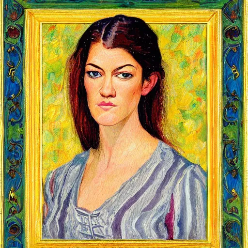 Prompt: professional painting of Jennifer Carpenter in the style of Henri-Edmond Cross, head and shoulders portrait, symmetrical facial features, smooth, sharp focus, illustration, intricate, stormy weather, extremely detailed masterpiece,