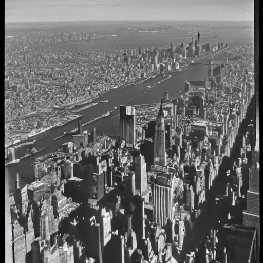 Prompt: low angle view of New York City in 1935