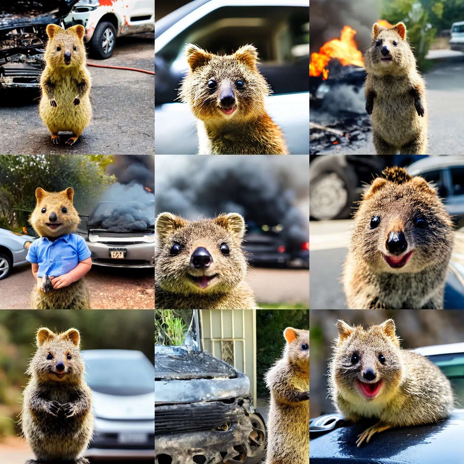 Prompt: a smiling quokka in front of a burning car