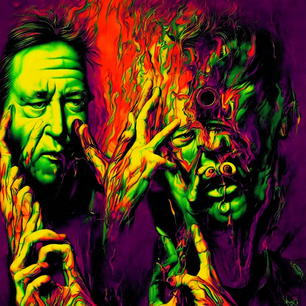 Image similar to psychedelic bright portrait of bill hicks smoking in the style of hans giger, alex grey, lynchian atmosphere, film noir, concept art, art by kuvshinov ilya and zdislav beksinski and wayne barlowe, vivid colors, yellow, purple, red, black, blue, green, orange, pink