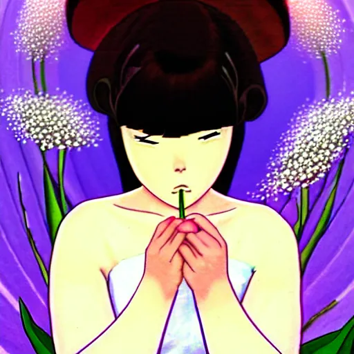 Prompt: beautiful mexican woman, dancing in a tulip and baby's breath field, dark skin, septum piercing and nose ring, prominent cheek bones, black hair and brown eyes, studio ghibli art style, art by hayao miyazaki, makoto shinkai