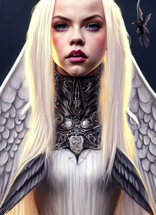 Image similar to ultra realistic illustration, a stunningly beautiful angel knight gothic girl played by jordyn jones and dove cameron and margot robbie and taylor swift and megan fox, intricate, elegant, highly detailed, digital painting, artstation, concept art, smooth, sharp focus, illustration, art by artgerm and greg rutkowski and alphonse mucha