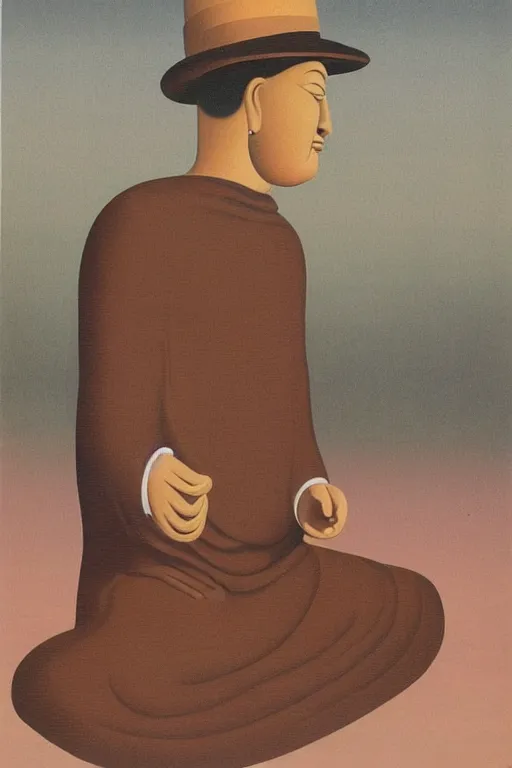 Prompt: A buddha wearing a bowler hat is thinking: Our hindrances are obstacles to enlightenment as abstract art in the style of Magritte