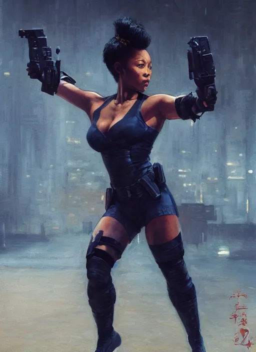 Image similar to black chun li doing high kick. cyberpunk police trooper in a military vest ( blade runner 2 0 4 9, cyberpunk 2 0 7 7 ). orientalist portrait by john william waterhouse and james gurney and theodore ralli and nasreddine dinet, oil on canvas. cinematic, hyper realism, realistic proportions, dramatic lighting, high detail 4 k