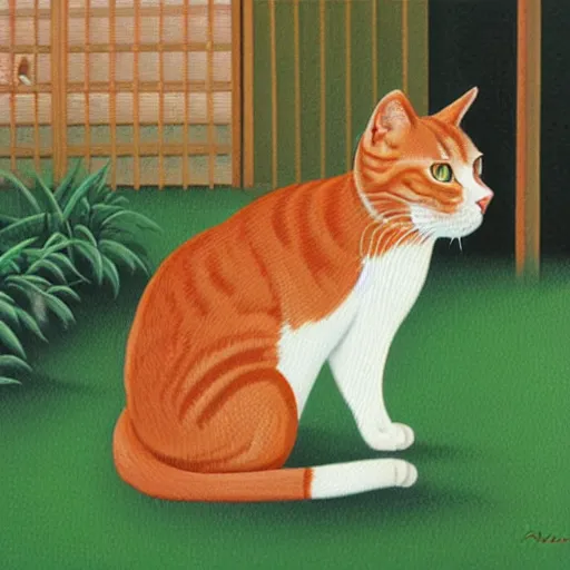 Image similar to oil painting of a red tabby cat sitting in the backyard, by Hiroshi Nagai