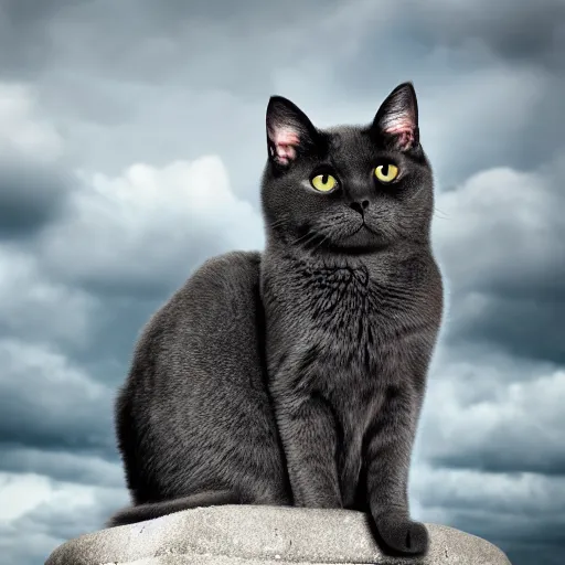 Image similar to a dark grey cat on a cloud floating in the sky, photography photorealistic