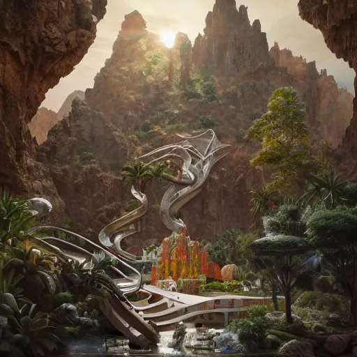 Image similar to modular modernist bauhaus jeff koons style neverending story canyon temple, ultra realistic, concept art, intricate details, serious, highly detailed, photorealistic, octane render, 8 k, unreal engine, art by todd mcfarlane and artgerm and greg rutkowski and alphonse mucha