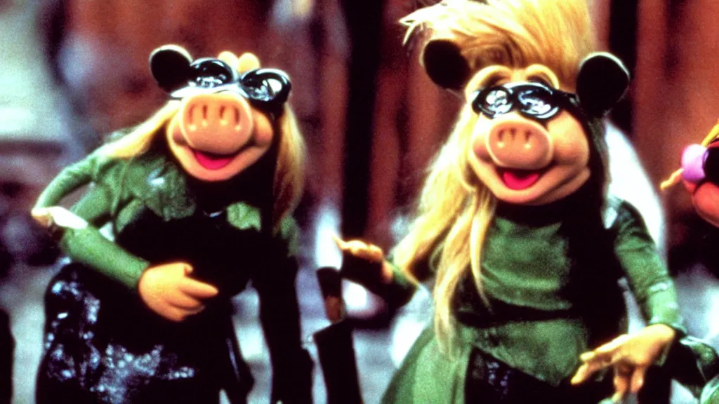 Image similar to movie still of miss piggy starring as trinity in the matrix 1 9 9 9 movie fighting agent smith