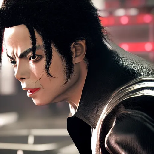 Image similar to a cinematic film still of Michael Jackson in Tekken 7, portrait, 40mm lens, shallow depth of field, close up, split lighting, cinematic