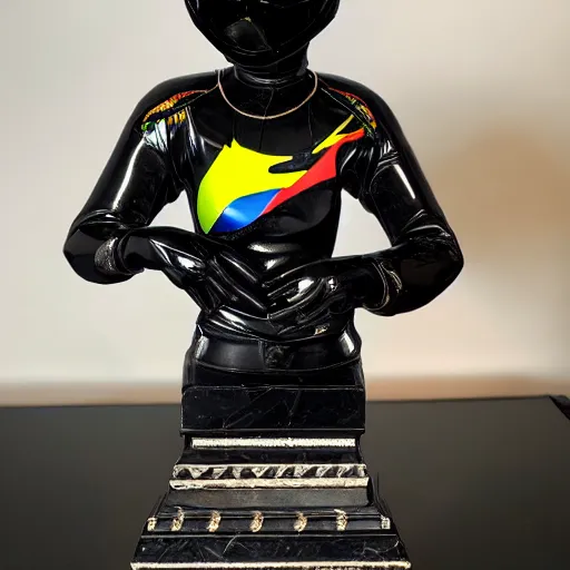 Image similar to photo of a glossy black marble statue of a girl with colorful motocross logos and motorcycle helmet with reflective mirrored visor, carved marble statue, fine art, in the style of virgil abloh, 8 k, 4 k, detailed, realistic, beautiful, symmetrical