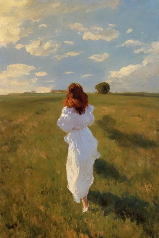 Prompt: young slender woman with long auburn hair wearing a white dress walking through a meadow at dusk, dramatic clouds in sky, wide angle, painting by Joaquín Sorolla, oil on canvas, detailed brushwork, painterly