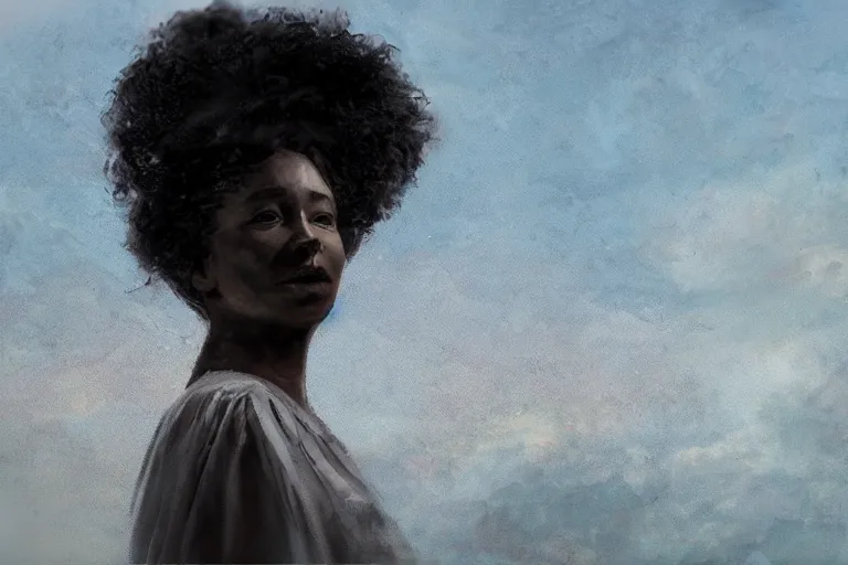 Image similar to a black woman ancestor watching her kids from the sky ( ( ( ( volumetric light ) ) ) ), high angle, part by pearl fryar, part by prince damah, cinematic, poetic, smooth, portrait, trending on artstation, cinematic view, illustration, painting.