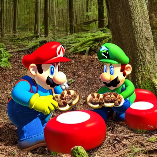 Prompt: mario and luigi eating mushrooms in the forest, photo captured on polarioid