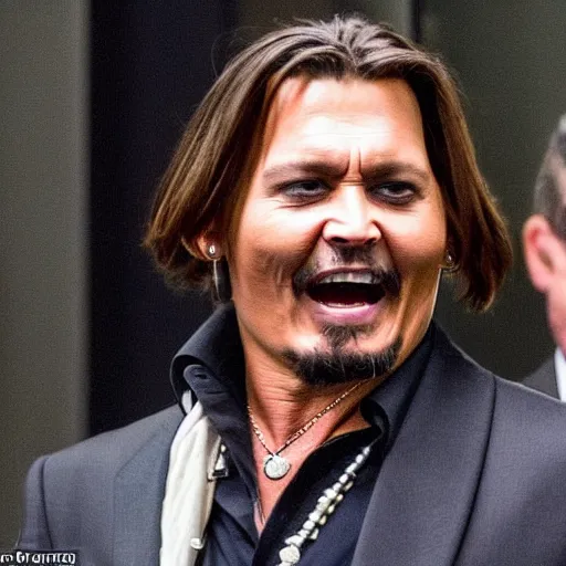 Image similar to full - body shot johnny depp screaming cheerfully in court as he wins defamation case, 4 k, photorealistic photography