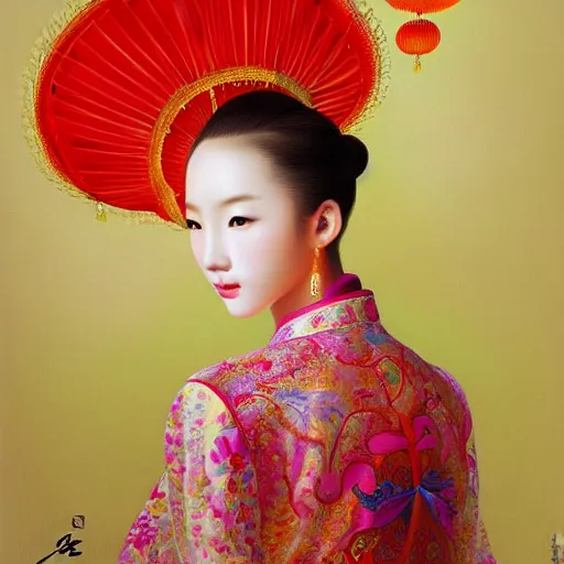 Image similar to A masterpiece portrait of a Incredibly beautiful Chinese girl in national luxurious clothes . Very colorful. Chinese lantern on background. medium shot, intricate, elegant, highly detailed. trending on artstation, digital art, by Stanley Artgerm Lau, WLOP, Rossdraws, James Jean, Andrei Riabovitchev, Marc Simonetti, Yoshitaka Amano