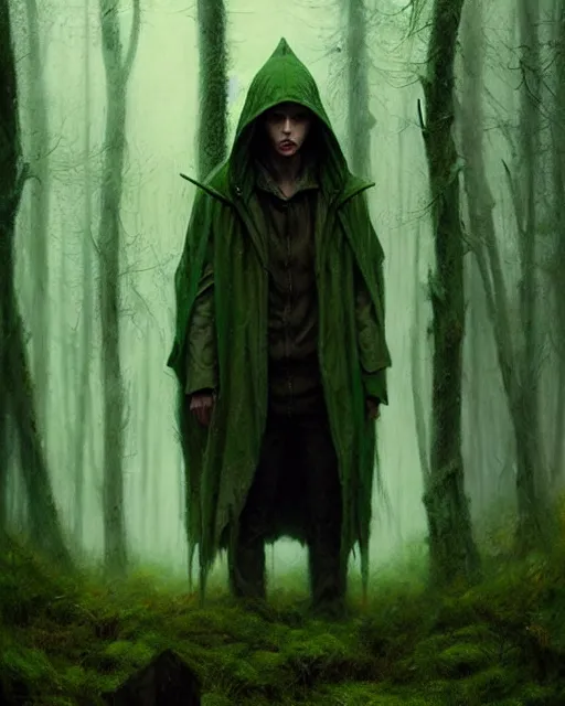 Image similar to portrait Green hooded jacket coat Hunter man elf, long-haired At the rainy forest, ambush, movie still By greg rutkowski, tom bagshaw, beksinski