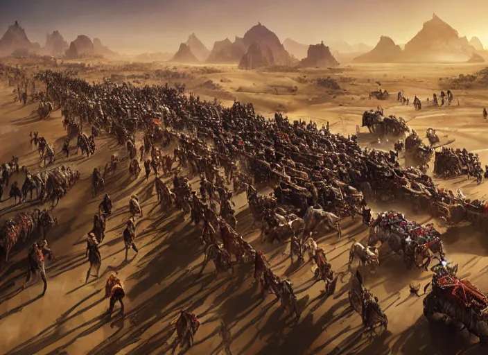 Image similar to overhead view of a the big large expedition with a very crowd of adventurers being brought by gigantic mammals carrying stuff towards the desert of duhnes medium shot, key art by craig mullins, bloom, dramatic lighting, cinematic, high details