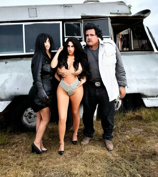 Prompt: Pablo Escobar cuddling kim kardashian & kylie Jenner inside a derelict motorhome