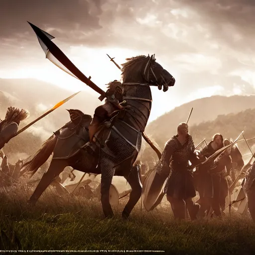 Image similar to medieval battle, with medieval fantasy soliders, vikings, saxons, knights, crusaders, lord of the rings, cgsociety, realistic, golden ratio, octane render, rule of thirds, wide shot, 8 k resolution, epic volumetric light, cinematography, concept art, artstation trending, environments, fantasy